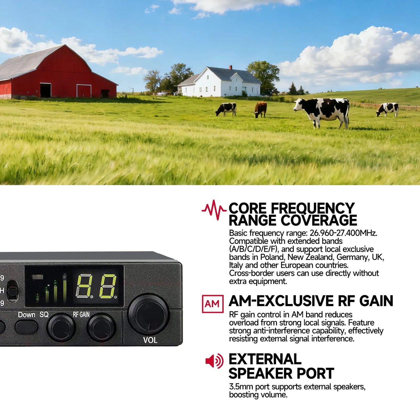 OMIZN LT-298 CB Radio AM/FM 40 canales completos, canal de emergencia instantáneo 9/19 Función ASQ, ganancia RF, conector para altavoz externo, pantalla de fácil lectura